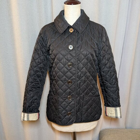 Burberry Quilted Jacket Black Logo Plaid Small - Picture 1 of 10